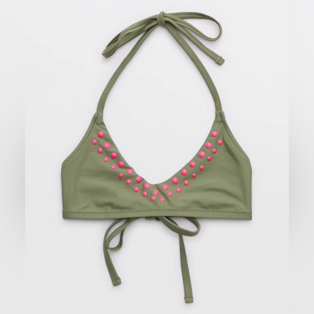 NWT Aerie Halter Voop Bikini Top in Olive Fun 🫒 w Fuscia Dots